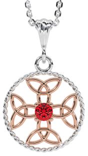 Ruby White Rose Gold Celtic Cross Trinity Knot Necklace