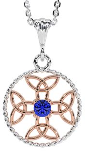 Sapphire White Rose Gold Celtic Cross Trinity Knot Necklace