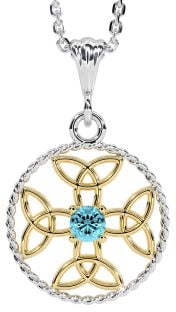 Aquamarine White Yellow Gold Celtic Cross Trinity Knot Necklace