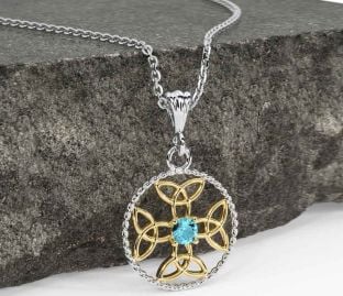 Aquamarine White Yellow Gold Celtic Cross Trinity Knot Necklace