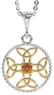 Citrine White Yellow Gold Celtic Cross Trinity Knot Necklace