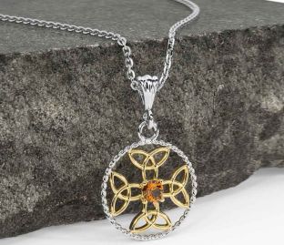 Citrine White Yellow Gold Celtic Cross Trinity Knot Necklace