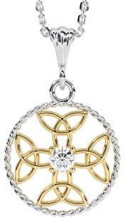 Diamond White Yellow Gold Celtic Cross Trinity Knot Necklace