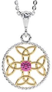 Pink Tourmaline White Yellow Gold Celtic Cross Trinity Knot Necklace