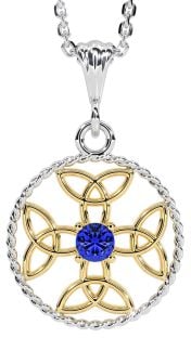 Sapphire White Yellow Gold Celtic Cross Trinity Knot Necklace