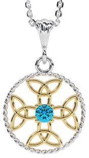 Topaz White Yellow Gold Celtic Cross Trinity Knot Necklace