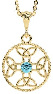 Aquamarine Gold Celtic Cross Trinity Knot Necklace