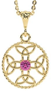 Pink Tourmaline Gold Celtic Cross Trinity Knot Necklace