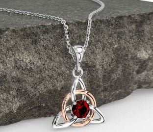 Garnet Rose Gold Silver Celtic Trinity Knot Necklace