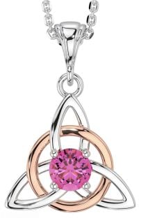 Pink Tourmaline Rose Gold Silver Celtic Trinity Knot Necklace