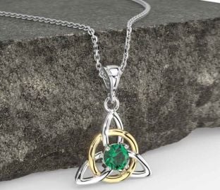 Emerald Gold Silver Celtic Trinity Knot Necklace
