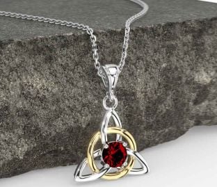 Garnet Gold Silver Celtic Trinity Knot Necklace