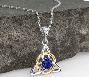 Sapphire Gold Silver Celtic Trinity Knot Necklace