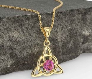 Pink Tourmaline Gold Silver Celtic Trinity Knot Necklace