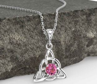 Pink Tourmaline White Gold Celtic Trinity Knot Necklace