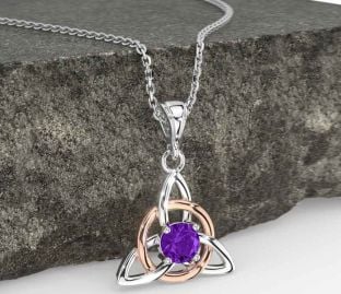 Amethyst White Rose Gold Celtic Trinity Knot Necklace