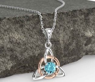 Aquamarine White Rose Gold Celtic Trinity Knot Necklace