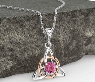 Pink Tourmaline White Rose Gold Celtic Trinity Knot Necklace
