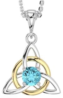 Aquamarine White Yellow Gold Celtic Trinity Knot Necklace