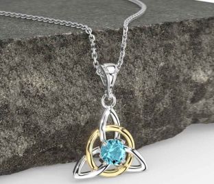 Aquamarine White Yellow Gold Celtic Trinity Knot Necklace