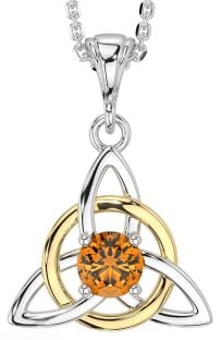 Citrine White Yellow Gold Celtic Trinity Knot Necklace