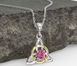 Pink Tourmaline White Yellow Gold Celtic Trinity Knot Necklace