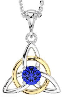 Sapphire White Yellow Gold Celtic Trinity Knot Necklace