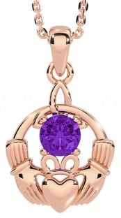 Amethyst Rose Gold Silver Claddagh Trinity Knot Necklace