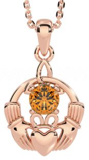 Citrine Rose Gold Silver Claddagh Trinity Knot Necklace