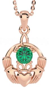 Emerald Rose Gold Silver Claddagh Trinity Knot Necklace