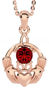 Garnet Rose Gold Silver Claddagh Trinity Knot Necklace