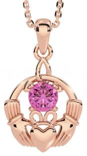 Pink Tourmaline Rose Gold Silver Claddagh Trinity Knot Necklace