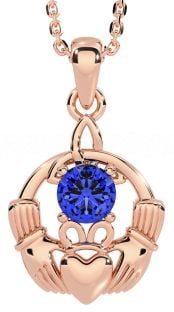 Sapphire Rose Gold Silver Claddagh Trinity Knot Necklace