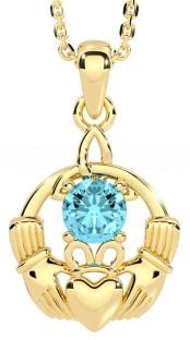 Aquamarine Gold Silver Claddagh Trinity Knot Necklace