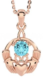 Aquamarine Rose Gold Claddagh Trinity Knot Necklace