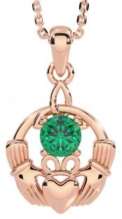 Emerald Rose Gold Claddagh Trinity Knot Necklace