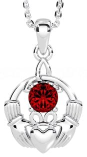 Garnet Silver Claddagh Trinity Knot Necklace