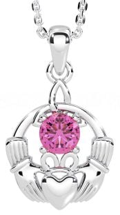 Pink Tourmaline Silver Claddagh Trinity Knot Necklace