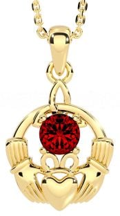 Garnet Gold Claddagh Trinity Knot Necklace