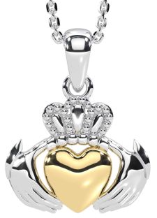 White Yellow Gold Claddagh Necklace