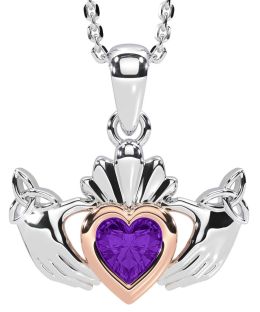 Amethyst Rose Gold Silver Claddagh Trinity Knot Necklace