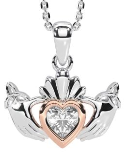 Diamond Rose Gold Silver Claddagh Trinity Knot Necklace