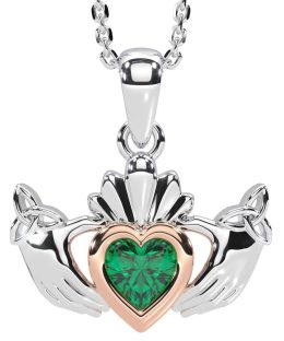 Emerald Rose Gold Silver Claddagh Trinity Knot Necklace