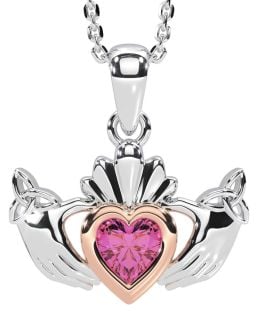 Pink Tourmaline Rose Gold Silver Claddagh Trinity Knot Necklace