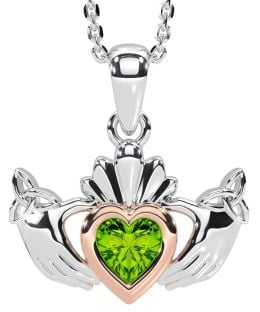 Peridot Rose Gold Silver Claddagh Trinity Knot Necklace