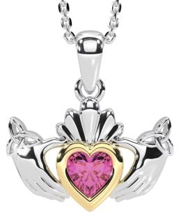 Pink Tourmaline Gold Silver Claddagh Trinity Knot Necklace