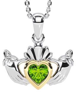 Peridot Gold Silver Claddagh Trinity Knot Necklace