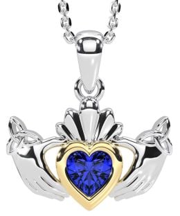 Sapphire Gold Silver Claddagh Trinity Knot Necklace