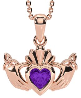 Amethyst Rose Gold Silver Claddagh Trinity Knot Necklace