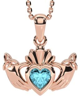 Aquamarine Rose Gold Silver Claddagh Trinity Knot Necklace